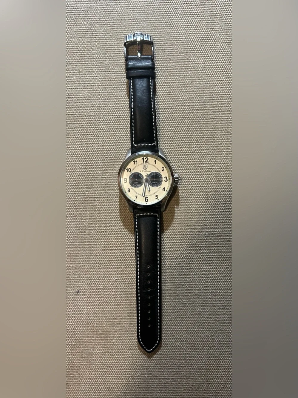 S Coifman Watch With 44mm Silver Light Gold Tone Face With Black Leather Band